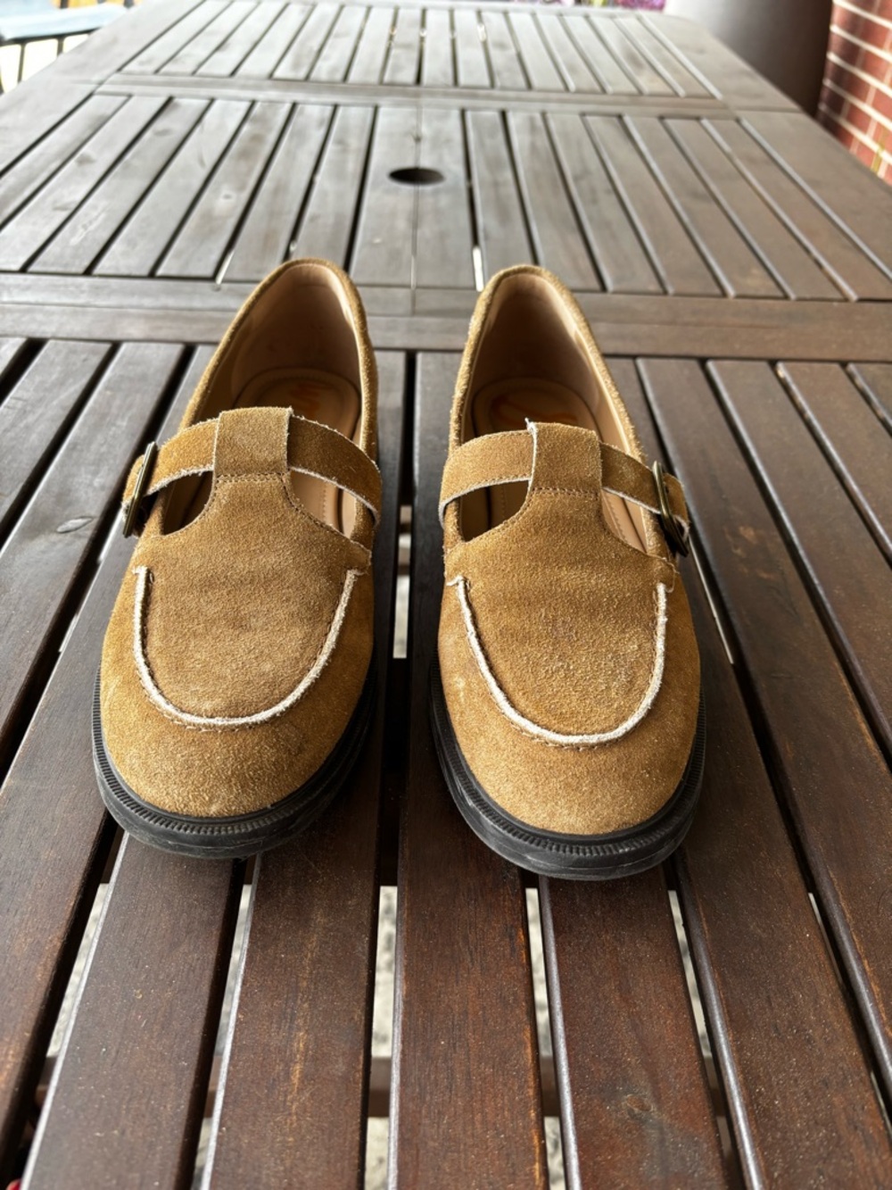 Sam Edelman Camel Suede Mary Jane Loafers with Contrast Stitch